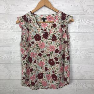 Ann Taylor Women's Small Floral Print V Neck Top Flutter Sleeve Pink Maroon